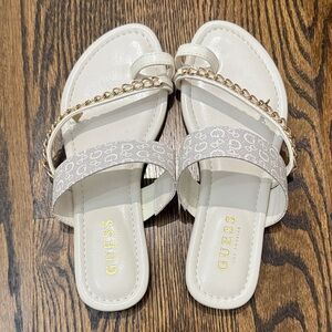 GUESS Cream Slide Sandals with Gold Chain Accent